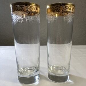 MCM Set 2 Cellini High Ball Glasses Hand Blown Glass 24k Etched Gold Rim ITALY